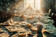 Cluttered office space with papers strewn everywhere and a silhouette of a person working late with rays of sunlight.