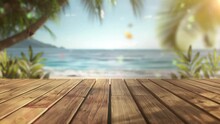 Empty Wooden Planks With Blur Beach And Sea. Seamless Looping Overlay 4k Virtual Video Animation Background 