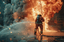 Fire Fighters At Work, Firefighters In Action To Extinguish A Fire.