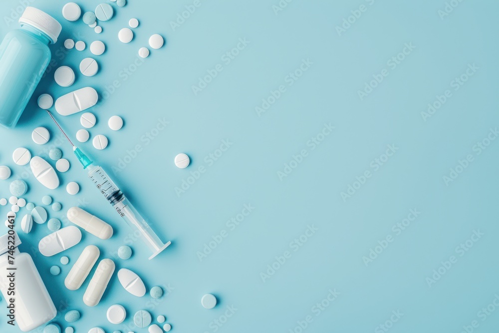 Organized layout of various medication forms and a syringe on a clean ...