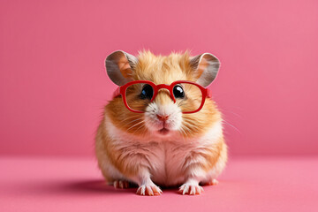 Wall Mural - A hamster wearing glasses and looking at the camera. The hamster is sitting on a pink surface