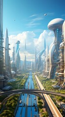 Poster - Generative AI A city of the future showcasing domed structures, sleek monorails, and advanced AI infrastructure amidst a backdrop of stunning, futuristic skyline