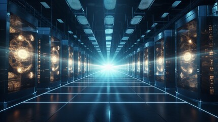Poster - Generative AI A conceptual visualization of a render farm operating around the clock, showcasing its efficiency and capacity to handle demanding rendering tasks.