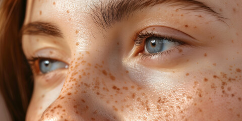 Wall Mural - close photo of sun damaged skin of a young woman with hazel eyes and a lot of freckles