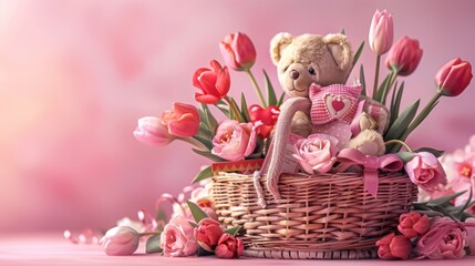 Generate a picture of a basket filled with Valentine's Day gifts, including a teddy bear holding a heart