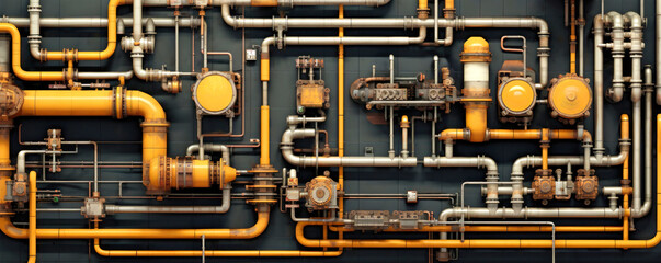 Wall Mural - Industrial concept. Pipeline in a factory - valves, tubes, pressure gauges, thermometers. View from above. pipes, flow meter, water pumps and valves of the heating and gas supply system.
