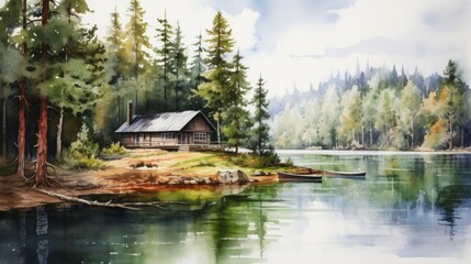 Wall Mural - Generative AI A peaceful lakeside cabin surrounded by pine trees and a serene lake. landscape watercolor