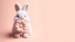 Cute Easter bunny with flower on pastel color background. Happy Easter concept.