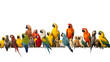 many different exotic pet birds, Parrots, parakeets, macaws in a row, isolated on transparent and white background.PNG image.