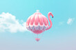 flying flamingo balloon blended with ornate vintage elements, soaring high amidst fluffy clouds
