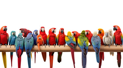 many different exotic pet birds, parrots, parakeets, macaws in a row, isolated on transparent and wh