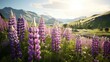 Generative AI A scenic countryside vista showcasing wild lupines and other native spring wildflowers.
