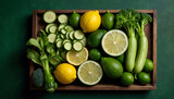 Fototapeta Kuchnia - Bogactwo świeżych cytrusów i zielonych warzyw na zdrową dietę