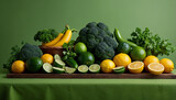Fototapeta Kuchnia - Bogactwo świeżych cytrusów i zielonych warzyw na zdrową dietę