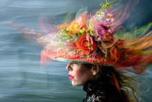 A Person Participating In A Hat Parade Wearing A Creatively Decorated Hat.
