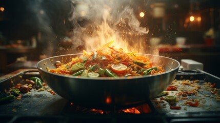 Wall Mural - Generative AI Chef tossing ingredients in a wok, cooking a stir-fry dish, flames visible, busy kitchen activity