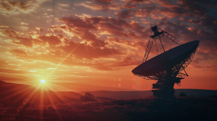 satellite antenna in a desert at sunset 