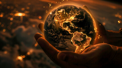 gold shining earth protect in the hand