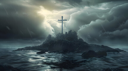 Wall Mural - A large cross on a rocky island, surrounded by a dark, stormy sea under a dramatic sky with emerging sunlight, ai generative