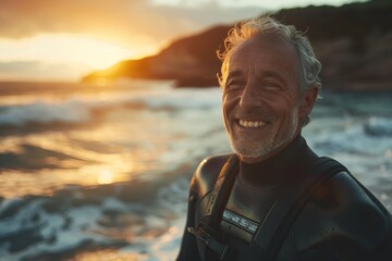 Mature Surfer with Wetsuit Smiling on the Beach at Sunset