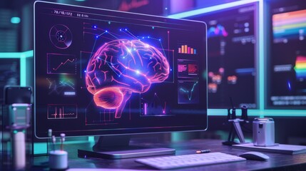 Wall Mural - Modern Lung Study Laboratory and Monitors EEG Reading Brain Functioning Model