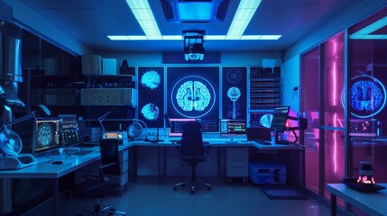 Wall Mural - Modern Lung Study Laboratory and Monitors EEG Reading Brain Functioning Model