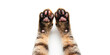Close-up feline kitten domestic animal forefoot with copy paste empty place for text. Brown cat paw isolated on white studio background