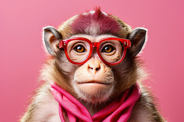 Wall Mural - A monkey wearing red glasses is staring at the camera. The image has a playful and lighthearted mood, as the monkey is dressed in glasses and he is posing for a photo