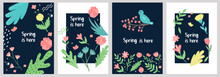 Set Of Spring Summer Postcard Templates In Trendy Style. Vector Illustration In Collage Design.