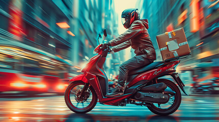 A delivery worker is speeding on a motorcycle in an urban area to deliver goods.