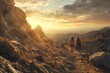 Two Women Hiking on Rugged Terrain with Picturesque Mountain Views at Sunset in Tasmania