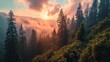 Generative AI Forest giants, drone's perspective, vibrant sunset hues, dense woodland vista, photorealistic dusk over Sequoia Park