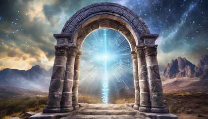 Wall Mural - Old arch with pillars, portal to another world, magical place. Ancient runes. Natural landscape.