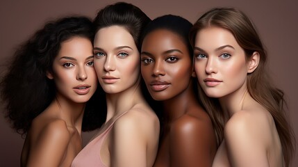 Poster - diversity of skin colors and women happy with makeup for cosmetic skincare