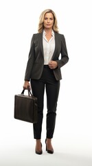 Poster - Generative AI Middle-aged female lawyer in a suit, briefcase in hand, slight smile, professional posture, on a white backdrop