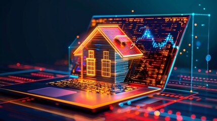 Laptop with a glowing screen showing stock market trends, house model to the side, symbolizing the dream of homeownership through investment