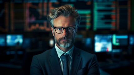 Poster - Generative AI Portrait of a stockbroker at a trading desk, making trades, using multiple monitors and financial tools