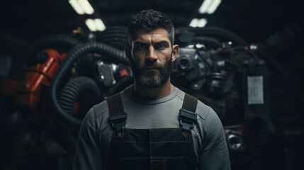 Poster - Generative AI Portrait of an auto mechanic holding a timing belt, explaining maintenance, expertise demonstrated in a workshop