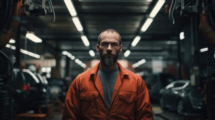 Poster - Generative AI Portrait of an auto mechanic with engine parts, conducting diagnostics, showcasing technical skills in a garage setting