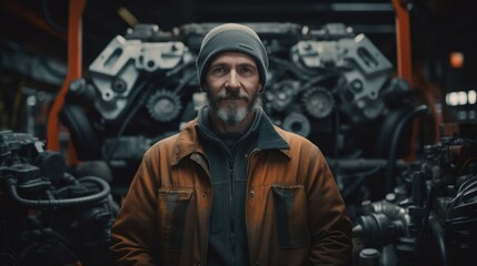 Wall Mural - Generative AI Portrait of an auto mechanic with engine parts, explaining repairs, communication and expertise showcased in a garage