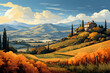 Painting watercolor of Tuscany, Italy landscape, Tuscany landscape with fields, meadows, cypress trees and houses on the hills, Italy landmark, Tuscany, Europe.