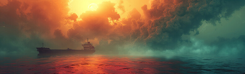 Wall Mural - Dramatic seascape with ship silhouette against sunset and stormy clouds.
