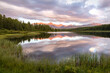 mountains lake reflections sunset clouds