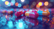 Colorful capsules on a reflective surface with bokeh lights in the background.