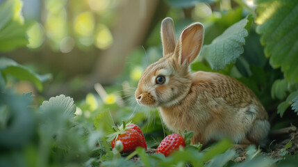 Wall Mural - A wild rabbit appeared in the strawberry field