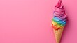 Rainbow color ice cream in a cone on a pink background, pride celebration with copy space banner