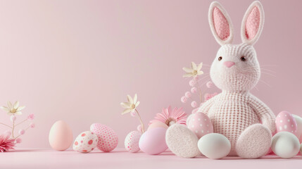 Wall Mural - cute white fabric Easter bunny on a pink background with Easter eggs