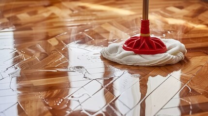 efficient floor cleaning with mob and foam cleanser, essential tools for maintaining parquet hygiene and household cleanliness