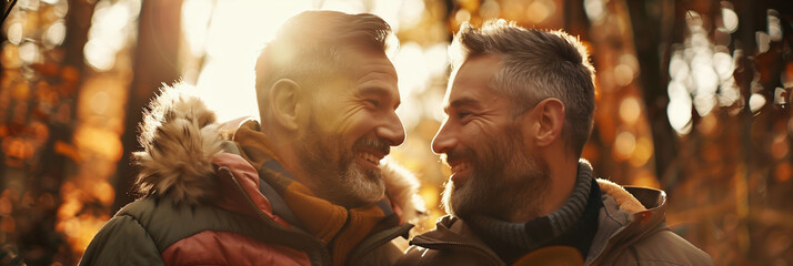 2 men smiling at each other outdoors 