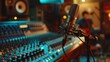 © CinimaticWorks - immersive music experience, boutique recording studio control desk featuring professional studio microphone and audio mixer with musician blurred background, musical instrument concept